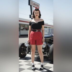 Lauren Ralph Lauren Shorts 100 % Linen Womens 14W Red White Polka Dot preppy